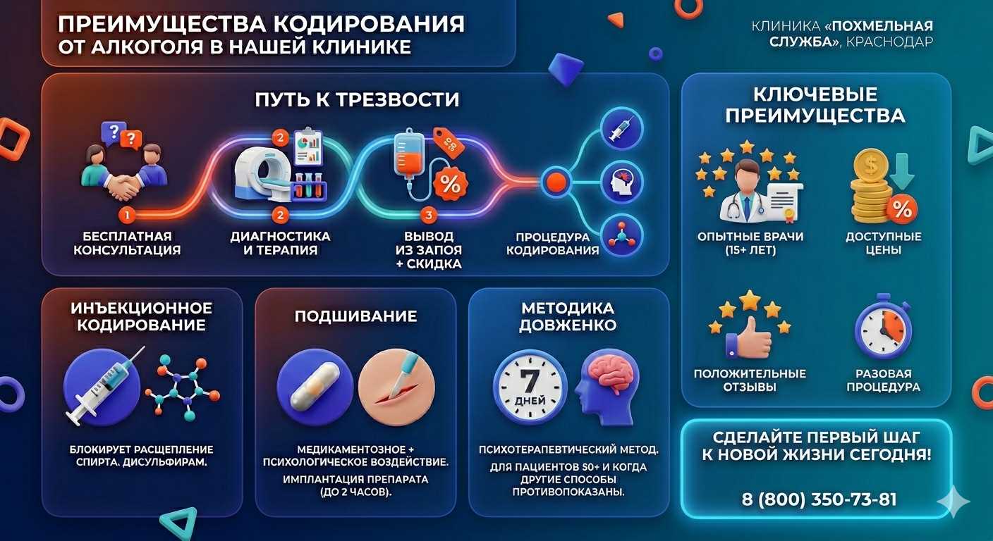 Инфографика о методах кодирования от алкоголя в Брюховецкой: инъекции, подшивание, метод Довженко. Преимущества клиники и этапы лечения.